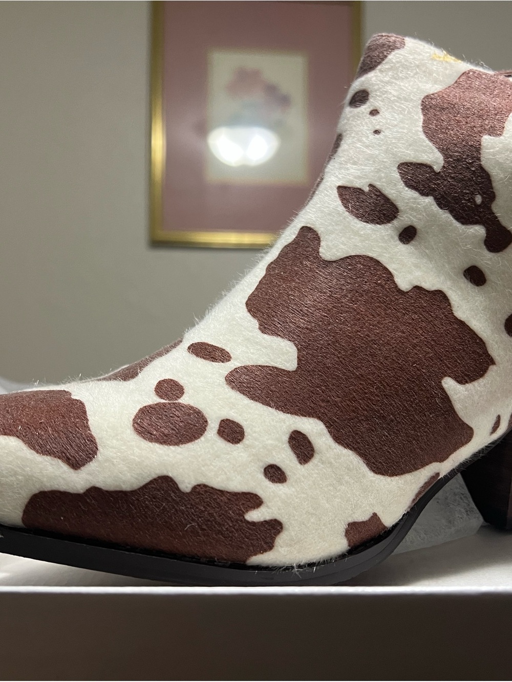 Cow-Print Ankle Bootie in Brown and White - Women's Chic Boot